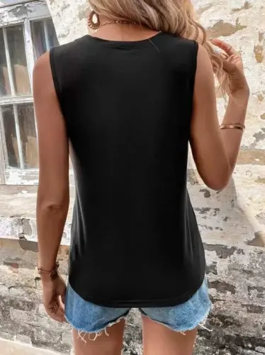 Women's Sleeveless Crew Neck Lace Detailed Viscose Blouse - 3