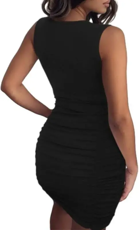 Women's Sleeveless Crew Neck Laser Cut-Out Detail Short Shimmer Crepe Dress - 4