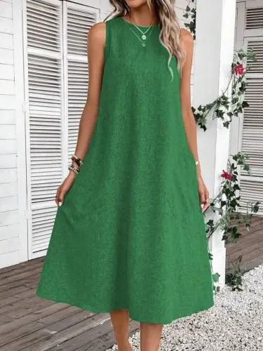 Women's Sleeveless Crew Neck Pocketed Midi Linen Dress - BÜYÜKBEDENIZ (1)
