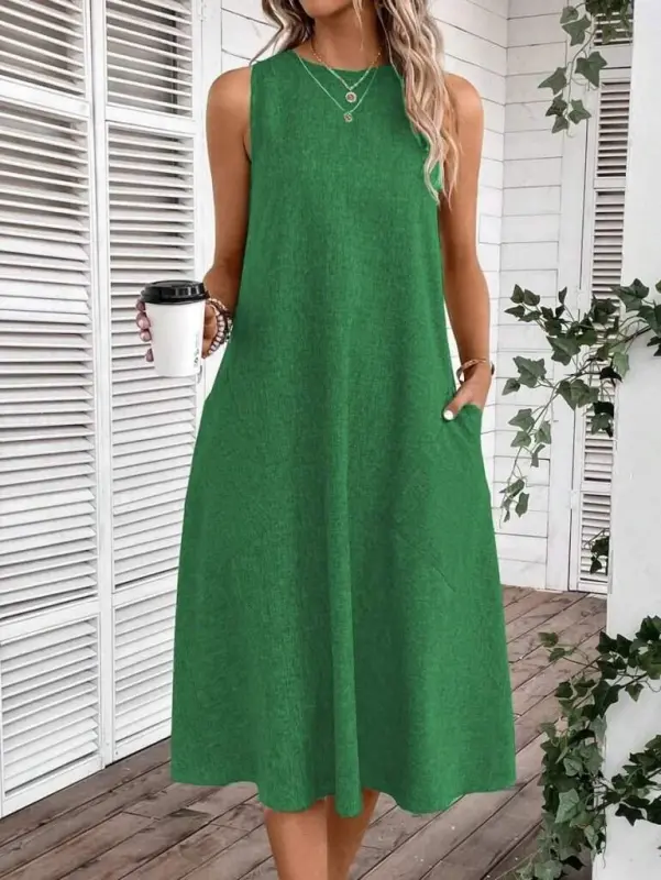 Women's Sleeveless Crew Neck Pocketed Midi Linen Dress - 3