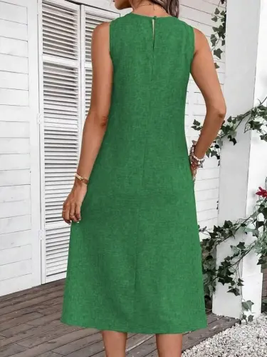 Women's Sleeveless Crew Neck Pocketed Midi Linen Dress - 4