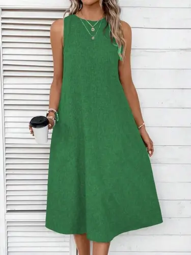 Women's Sleeveless Crew Neck Pocketed Midi Linen Dress - 5