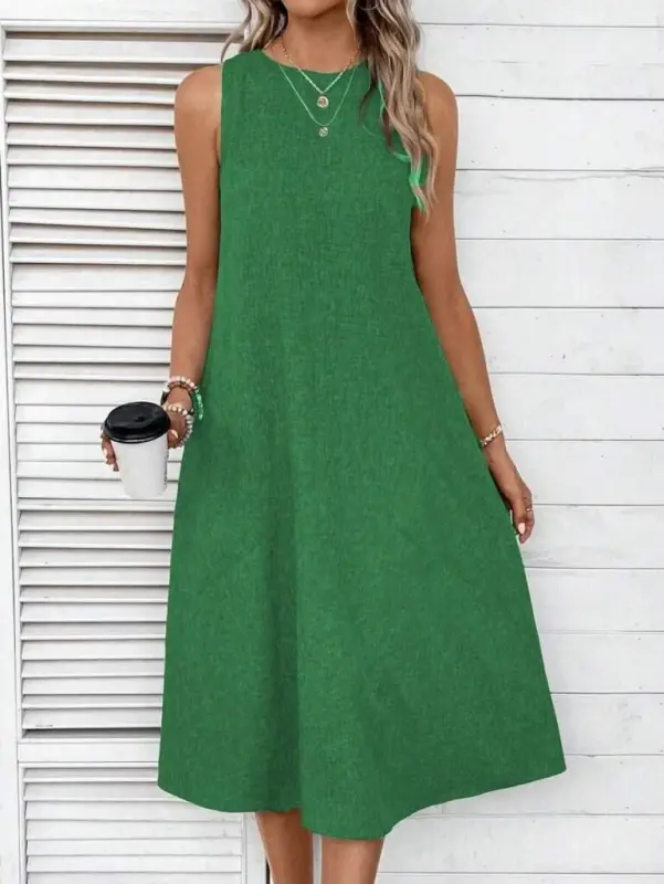 Women's Sleeveless Crew Neck Pocketed Midi Linen Dress - 5