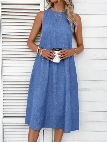 Women's Sleeveless Crew Neck Pocketed Midi Linen Dress - 1
