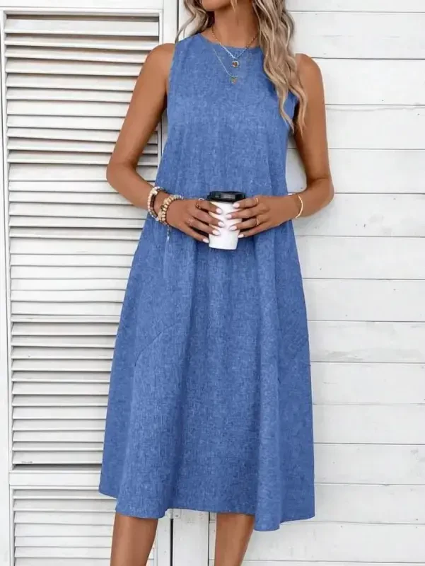 Women's Sleeveless Crew Neck Pocketed Midi Linen Dress - 1