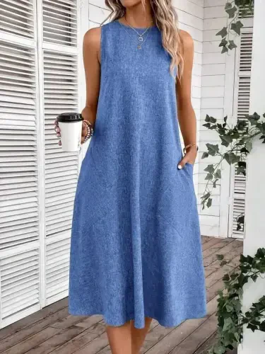Women's Sleeveless Crew Neck Pocketed Midi Linen Dress - 3