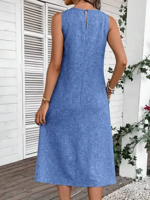 Women's Sleeveless Crew Neck Pocketed Midi Linen Dress - 4