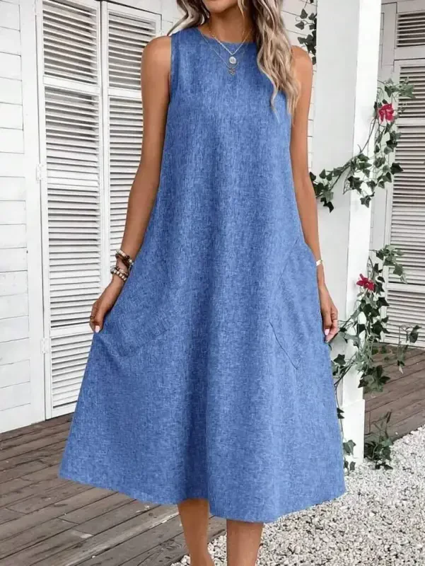 Women's Sleeveless Crew Neck Pocketed Midi Linen Dress - 5