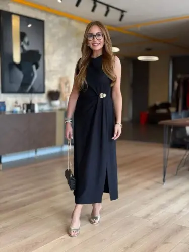 Women's Sleeveless Crew Neck Ruched Waist Slit Detail Crinkle Crepe Dress - 5