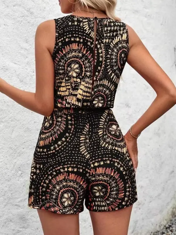 Women's Sleeveless Crew Neck Short Patterned Supreme Jumpsuit - 3