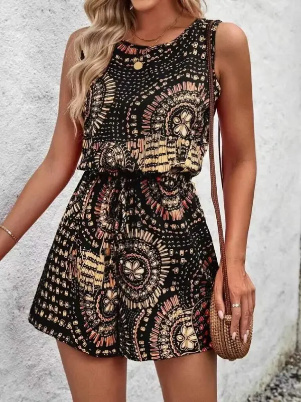 Women's Sleeveless Crew Neck Short Patterned Supreme Jumpsuit - 6