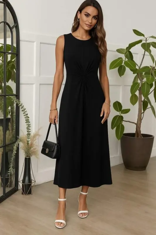 Women's Sleeveless Crew Neck Side Ruched Viscose Dress - BÜYÜKBEDENIZ