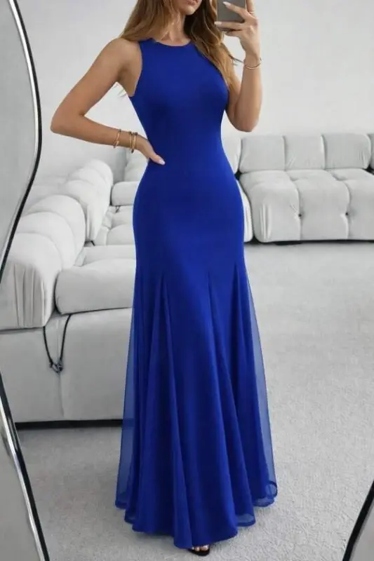 Women's Sleeveless Crew Neck Tulle Detailed Asymmetric Flared Long Imported Crepe Dress - BÜYÜKBEDENIZ