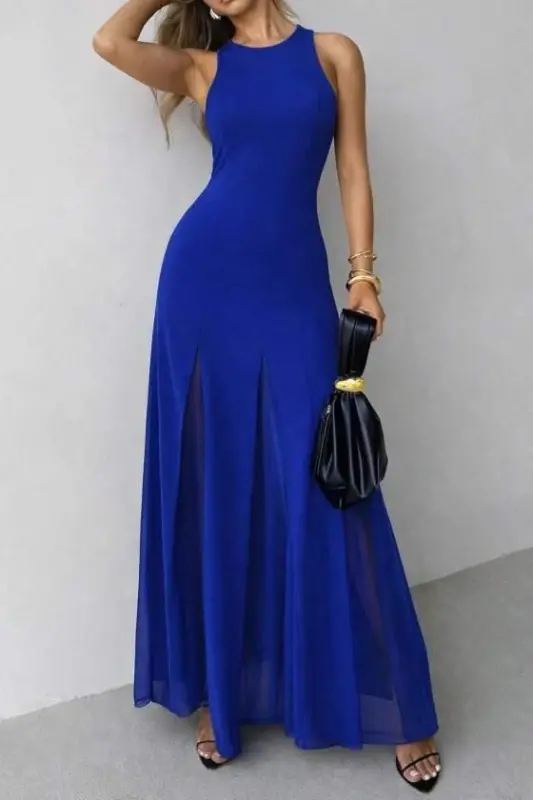 Women's Sleeveless Crew Neck Tulle Detailed Asymmetric Flared Long Imported Crepe Dress - 2