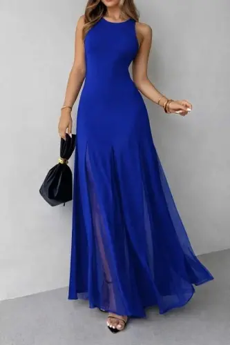 Women's Sleeveless Crew Neck Tulle Detailed Asymmetric Flared Long Imported Crepe Dress - 3