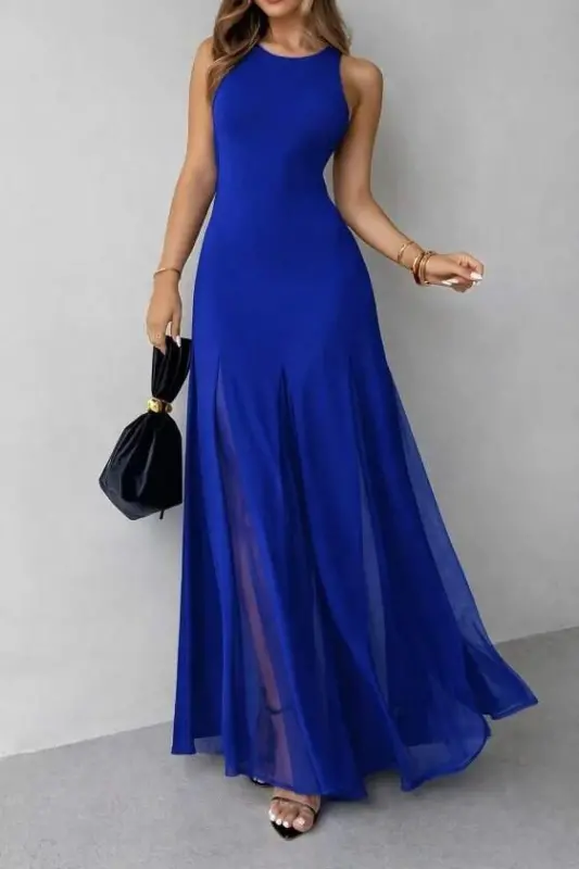 Women's Sleeveless Crew Neck Tulle Detailed Asymmetric Flared Long Imported Crepe Dress - 3