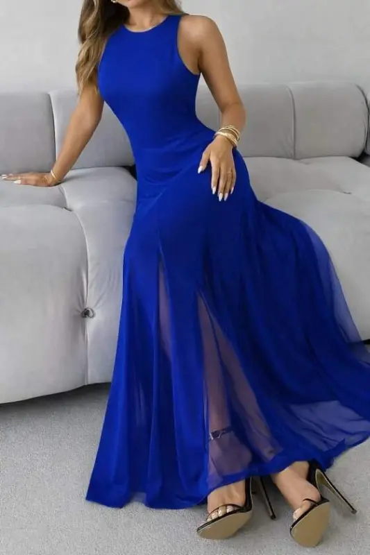 Women's Sleeveless Crew Neck Tulle Detailed Asymmetric Flared Long Imported Crepe Dress - 4