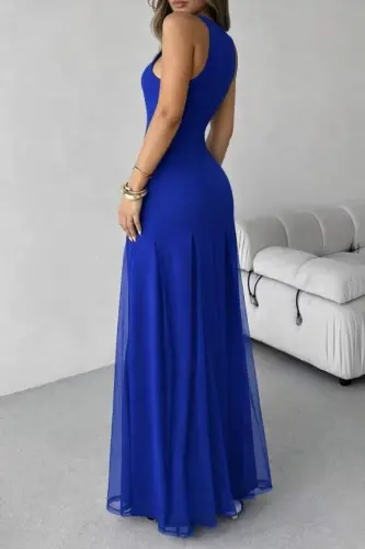 Women's Sleeveless Crew Neck Tulle Detailed Asymmetric Flared Long Imported Crepe Dress - 5