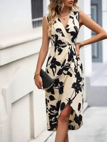 Women's Sleeveless Crossover Collar Front Cross Cut Detailed Patterned Oysho Supreme Dress - BÜYÜKBEDENIZ (1)