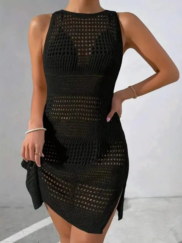 Women's Sleeveless Deep Back Detailed Knitted Pareo - BÜYÜKBEDENIZ