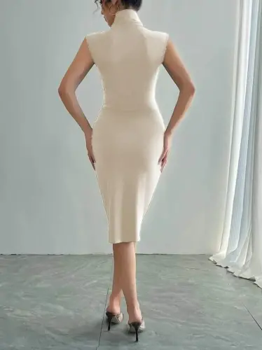 Women's Sleeveless Deep V-Neck Imported Crepe Dress - 3