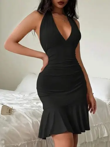 Women's Sleeveless Deep V-Neck Lace-Up Backless Ruffle Hem Sandy Dress - 3