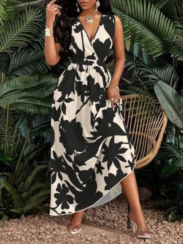 Women's Sleeveless Double-Breasted Floral Patterned Long Supima Dress - BÜYÜKBEDENIZ
