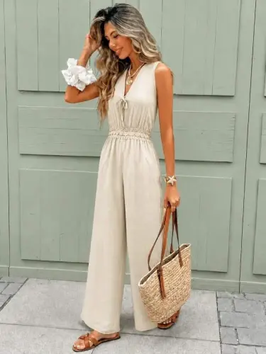 Women's Sleeveless Front Lace-Up Lace Waist Long Pera Jumpsuit - 3
