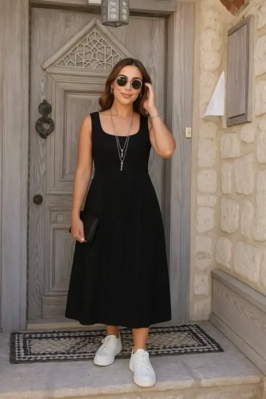 Women's Sleeveless Geometric Collar Wide Cut Detailed Imported Crepe Dress - 1