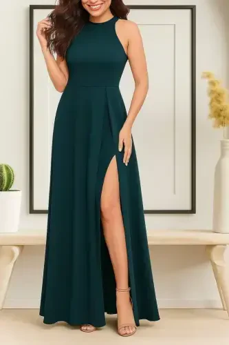 Women's Sleeveless Halter Neck Deep Slit Detailed Full Length Imported Crepe Dress - 1
