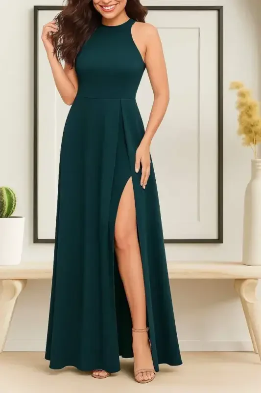 Women's Sleeveless Halter Neck Deep Slit Detailed Full Length Imported Crepe Dress - 1