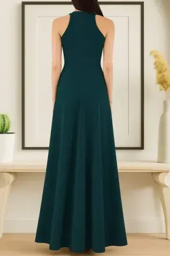 Women's Sleeveless Halter Neck Deep Slit Detailed Full Length Imported Crepe Dress - BÜYÜKBEDENIZ (1)