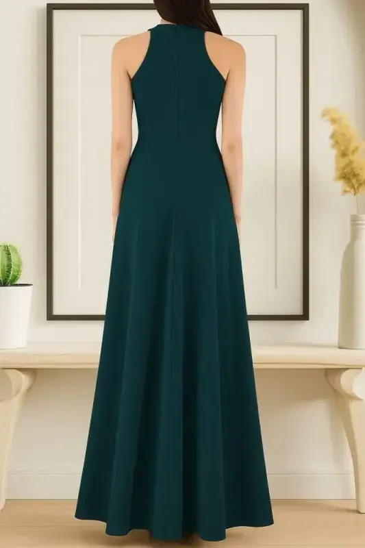 Women's Sleeveless Halter Neck Deep Slit Detailed Full Length Imported Crepe Dress - 2
