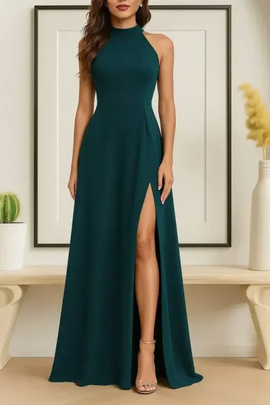 Women's Sleeveless Halter Neck Deep Slit Detailed Full Length Imported Crepe Dress - 3