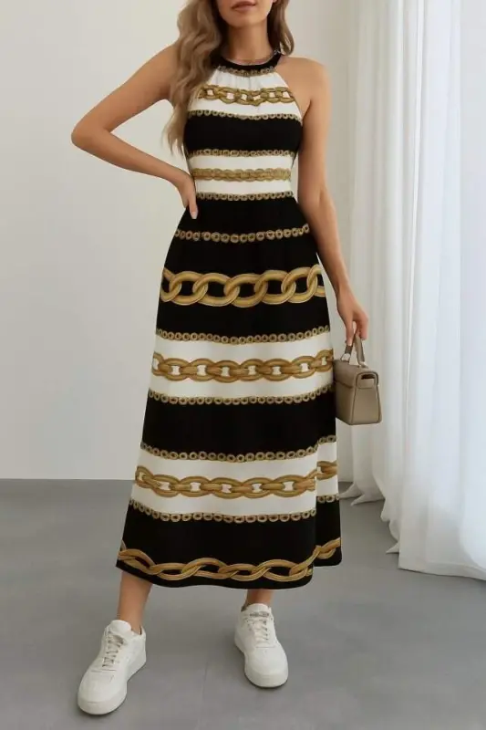 Women's Sleeveless Halter Neck Elastic Waist Digital Print Süprem Maxi Dress - 1