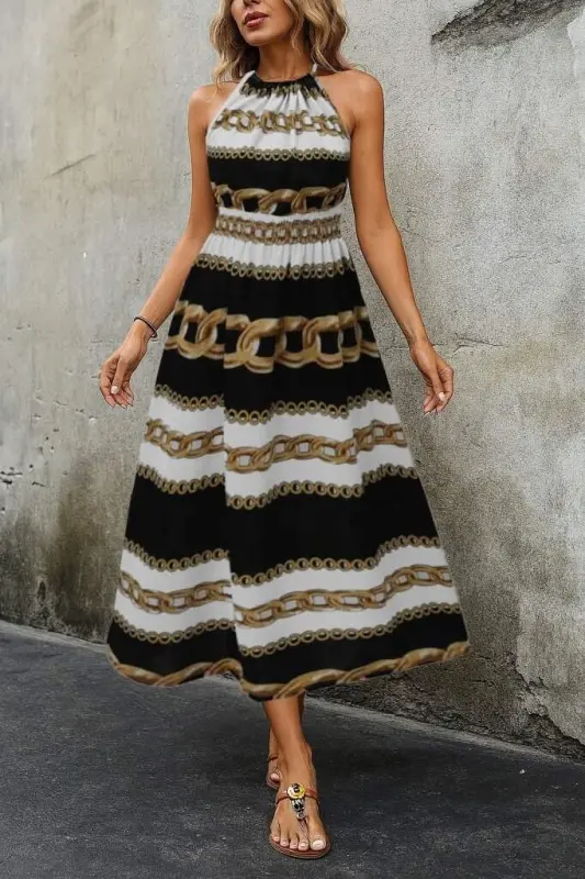 Women's Sleeveless Halter Neck Elastic Waist Digital Print Supreme Maxi Dress - BÜYÜKBEDENIZ