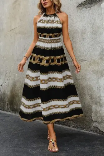 Women's Sleeveless Halter Neck Elastic Waist Digital Print Supreme Maxi Dress - 3