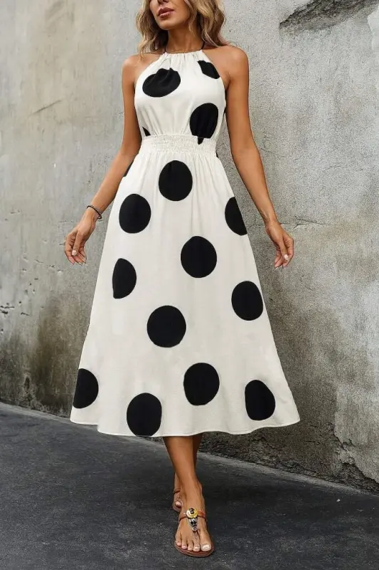 Women's Sleeveless Halter Neck Elastic Waist Digital Print Supreme Maxi Dress - BÜYÜKBEDENIZ