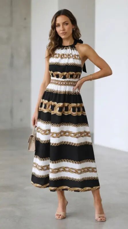 Women's Sleeveless Halter Neck Elastic Waist Digital Printed Supreme Long Dress - 5