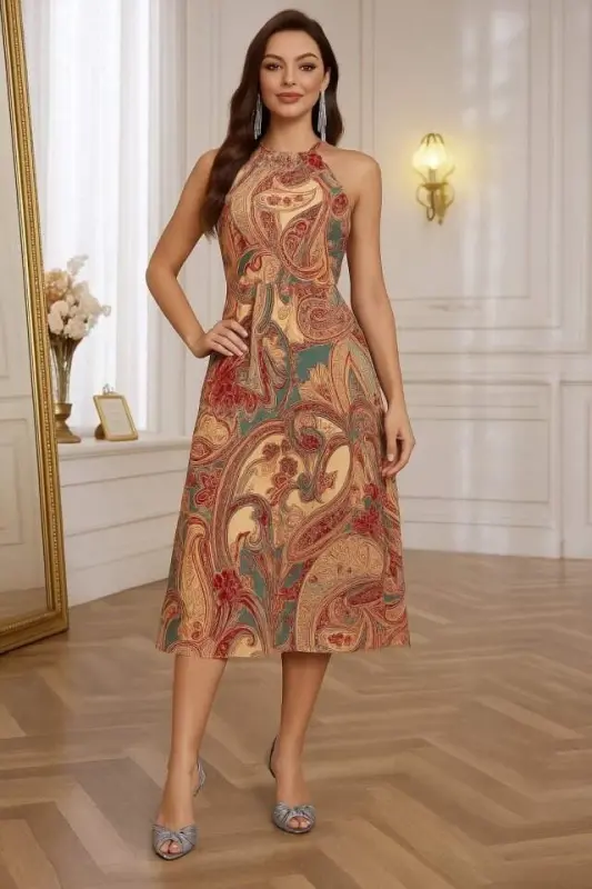 Women's Sleeveless Halter Neck Elastic Waist Ethnic Pattern Print Supima Long Dress - BÜYÜKBEDENIZ