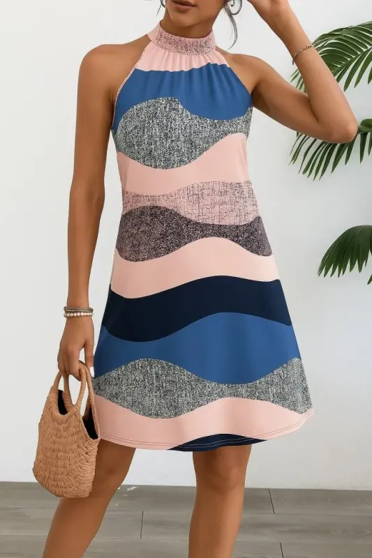 Women's Sleeveless Halter Neck Patterned Midi Jersey Dress - 2