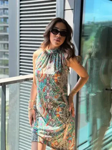 Women's Sleeveless Halter Neck Patterned Midi Supplex Dress - 1