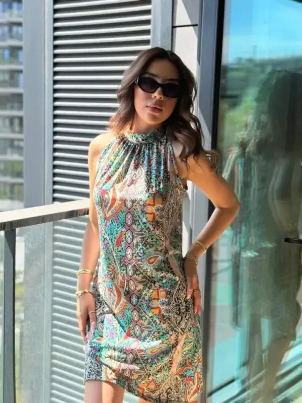 Women's Sleeveless Halter Neck Patterned Midi Supplex Dress - 1