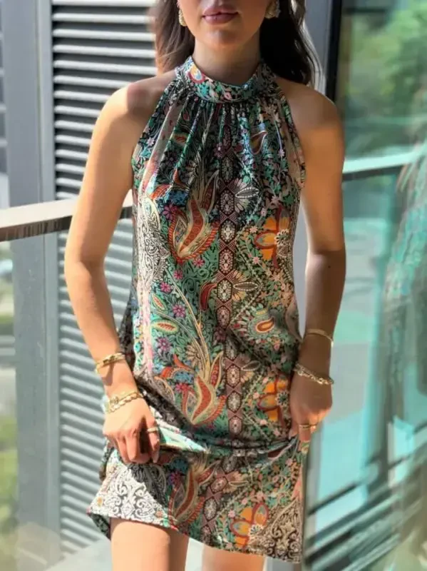 Women's Sleeveless Halter Neck Patterned Midi Supplex Dress - 2