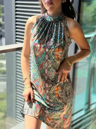 Women's Sleeveless Halter Neck Patterned Midi Supplex Dress - 3