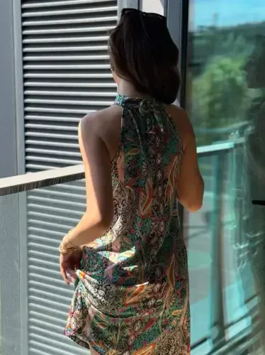 Women's Sleeveless Halter Neck Patterned Midi Supplex Dress - 5