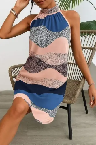 Women's Sleeveless Halter Neck Patterned Midi Süprem Dress - 1