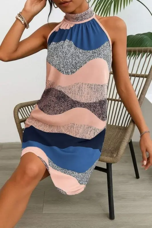 Women's Sleeveless Halter Neck Patterned Midi Süprem Dress - BÜYÜKBEDENIZ