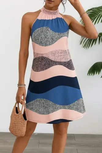 Women's Sleeveless Halter Neck Patterned Midi Süprem Dress - 4