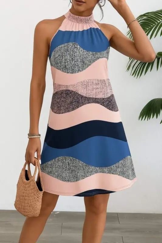 Women's Sleeveless Halter Neck Patterned Midi Süprem Dress - 4